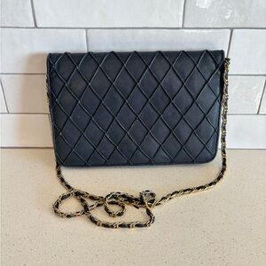 Talbots Blue Leather Quilted Shoulder Bag navy blue With Gold Chain Straps